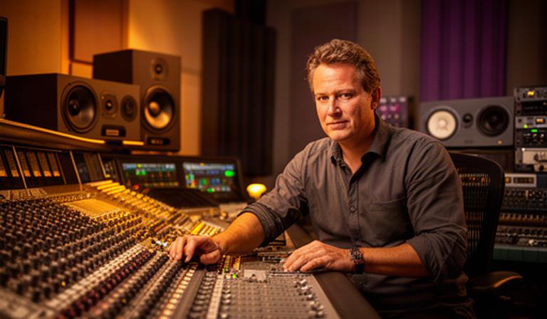 Geluidsengineer achter een mengpaneel in een warme professionele studio in Kamperveen