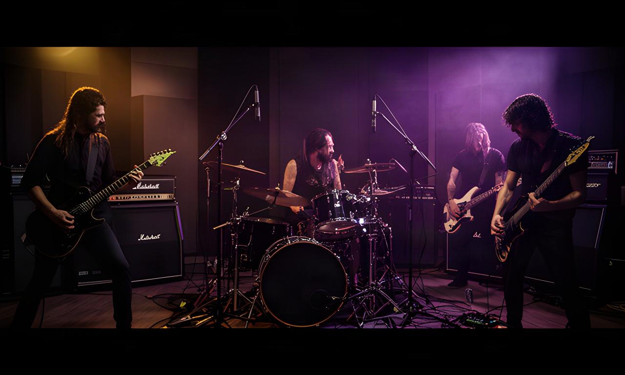 Rockband met gitaren en drums in een donkere geluidsstudio tijdens een krachtige meerkanaals opname