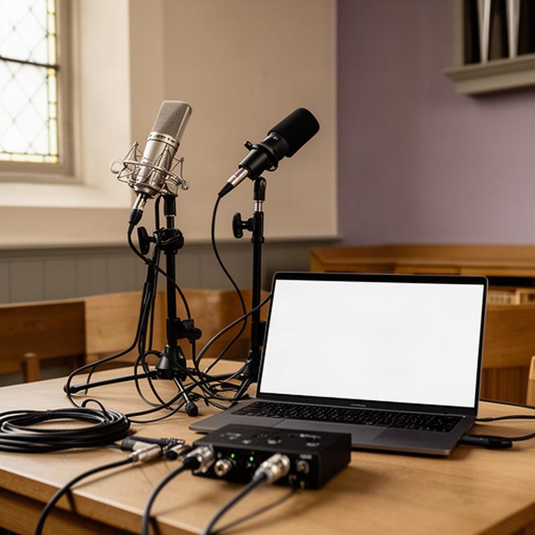 Mobiele audio-opstelling met microfoons, laptop en interface in een consistoriekamer van een kerk