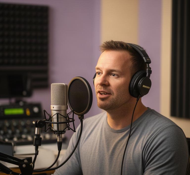 Podcaster met koptelefoon en microfoon in een stille professionele geluidsstudio in Kamperveen