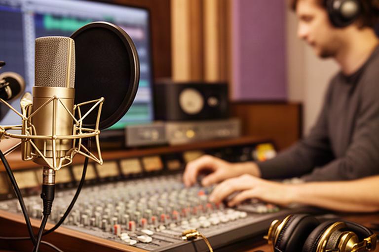 Opname van een radiocommercial voor een lokale meubelzaak met microfoon en mengtafel