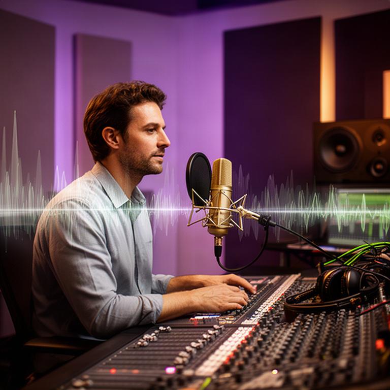 Audioproducent aan een mengtafel met microfoon en geluidsgolven in een professionele studio